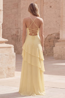 A Line Yellow Spaghetti Straps Long Prom Dress with Ruffles