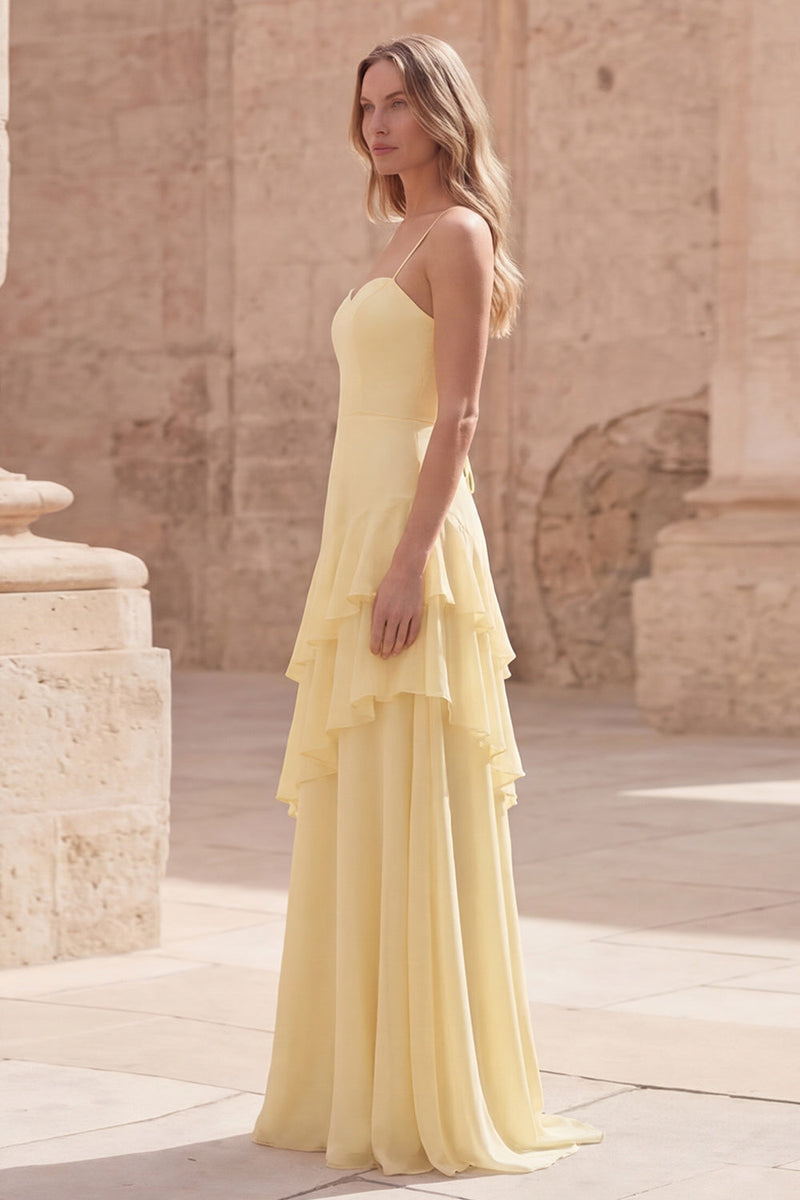 Load image into Gallery viewer, A Line Yellow Spaghetti Straps Long Prom Dress with Ruffles