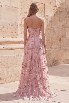 A Line Sequin Blush Long Strapless Prom Dress with Slit