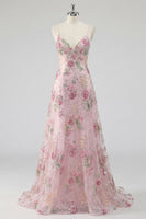 Load image into Gallery viewer, Sparkly Floral A Line Spaghetti Straps Long Pink Sequin Prom Dress