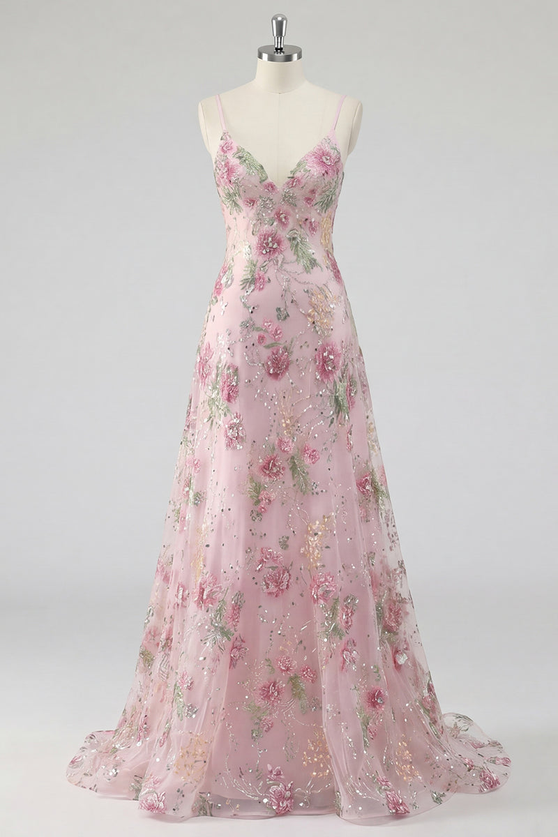 Load image into Gallery viewer, Sparkly Floral A Line Spaghetti Straps Long Pink Sequin Prom Dress