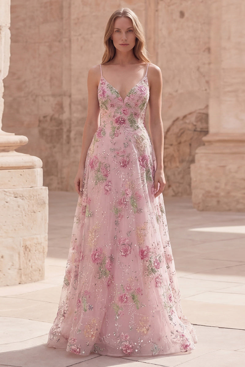 Load image into Gallery viewer, Sparkly Floral A Line Spaghetti Straps Long Pink Sequin Prom Dress