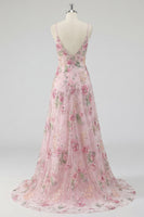 Load image into Gallery viewer, Sparkly Floral A Line Spaghetti Straps Long Pink Sequin Prom Dress