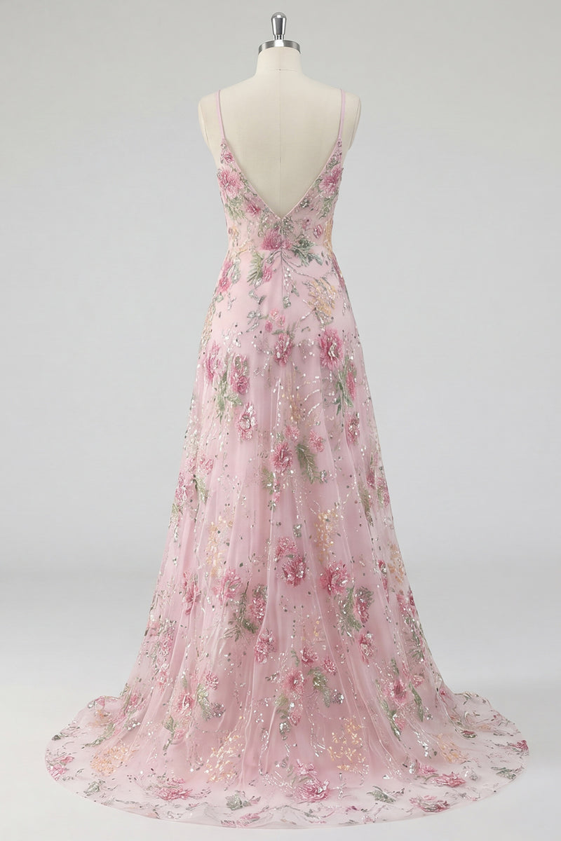 Load image into Gallery viewer, Sparkly Floral A Line Spaghetti Straps Long Pink Sequin Prom Dress
