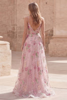 Load image into Gallery viewer, Sparkly Floral A Line Spaghetti Straps Long Pink Sequin Prom Dress