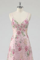 Load image into Gallery viewer, Sparkly Floral A Line Spaghetti Straps Long Pink Sequin Prom Dress
