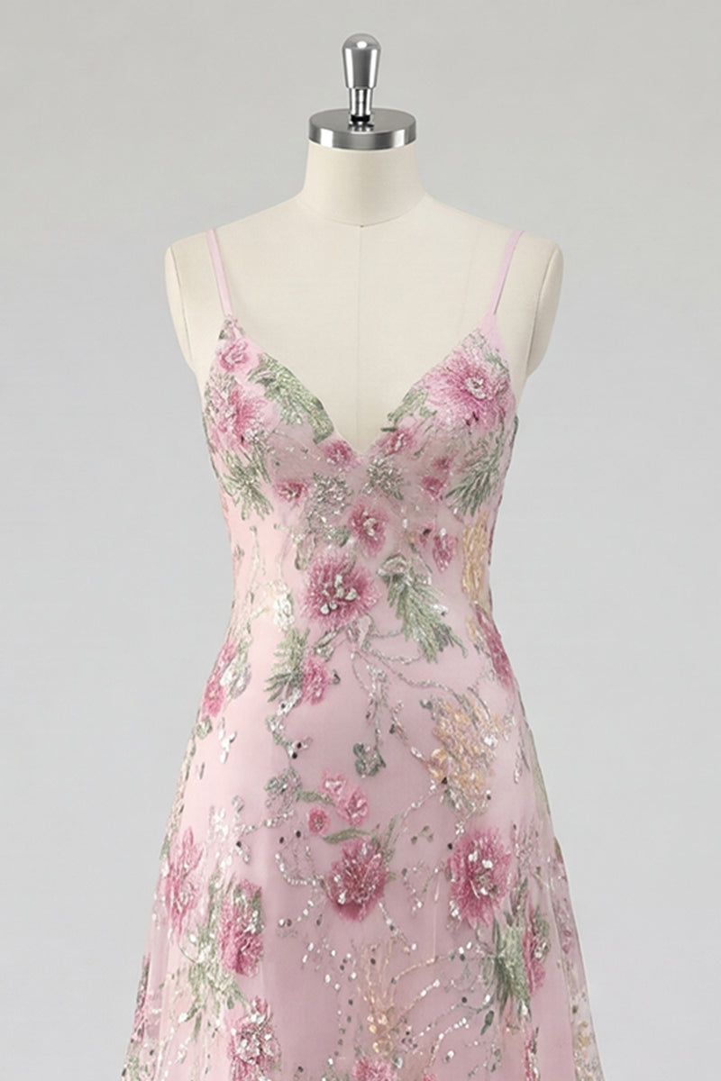 Load image into Gallery viewer, Sparkly Floral A Line Spaghetti Straps Long Pink Sequin Prom Dress