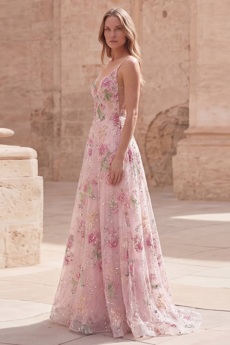 Load image into Gallery viewer, Sparkly Floral A Line Spaghetti Straps Long Pink Sequin Prom Dress