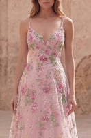 Load image into Gallery viewer, Sparkly Floral A Line Spaghetti Straps Long Pink Sequin Prom Dress