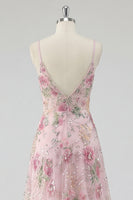 Load image into Gallery viewer, Sparkly Floral A Line Spaghetti Straps Long Pink Sequin Prom Dress