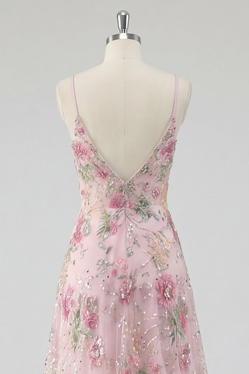 Load image into Gallery viewer, Sparkly Floral A Line Spaghetti Straps Long Pink Sequin Prom Dress