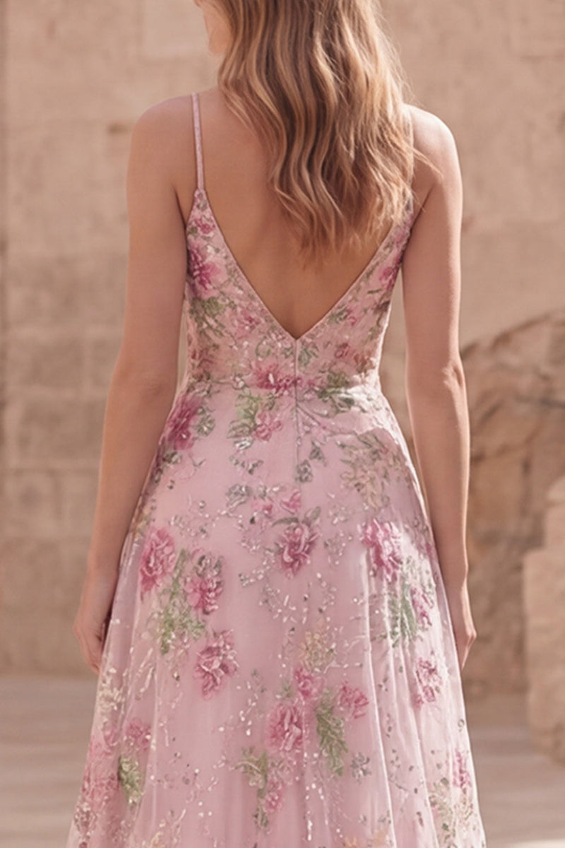 Load image into Gallery viewer, Sparkly Floral A Line Spaghetti Straps Long Pink Sequin Prom Dress