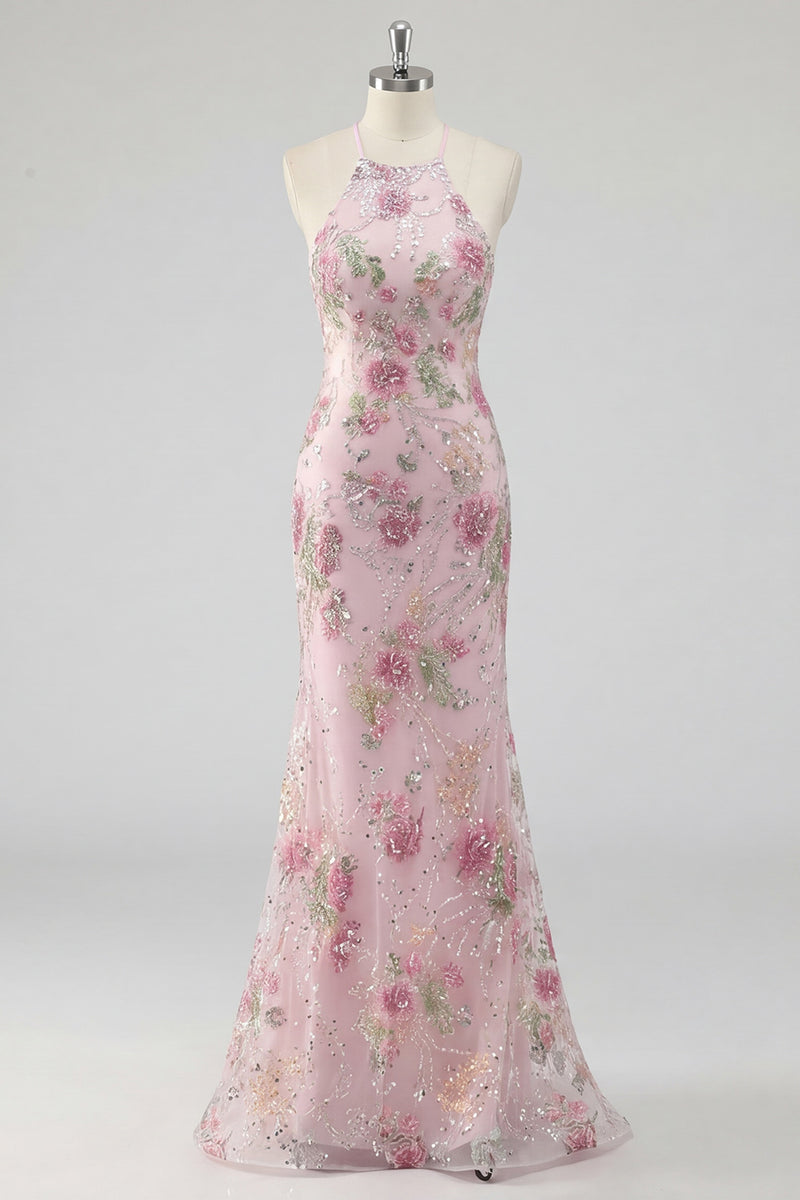 Load image into Gallery viewer, Mermaid Long Sparkly Sequin Pink Floral Prom Dress