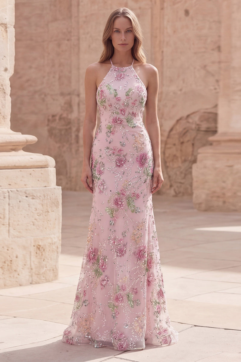 Load image into Gallery viewer, Mermaid Long Sparkly Sequin Pink Floral Prom Dress