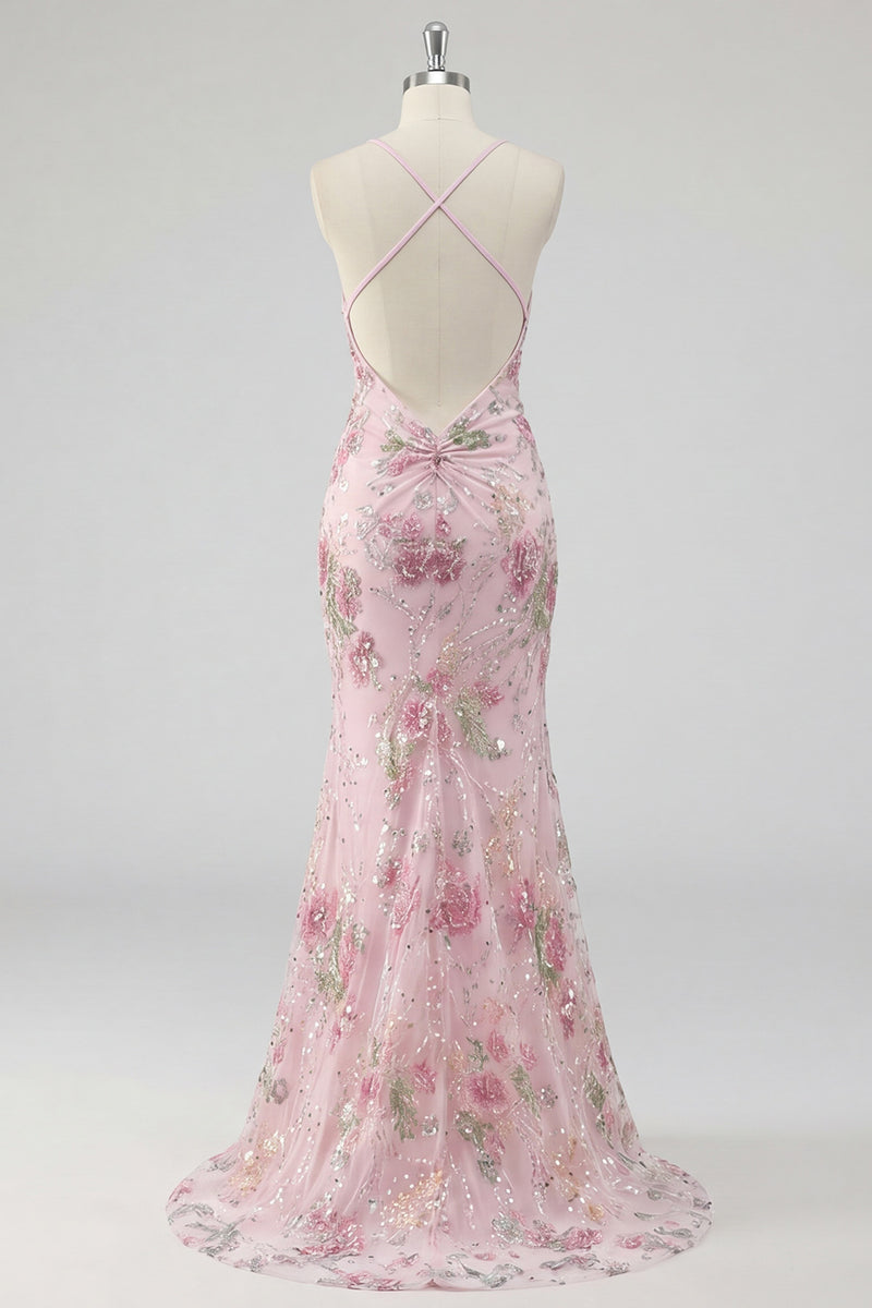 Load image into Gallery viewer, Mermaid Long Sparkly Sequin Pink Floral Prom Dress