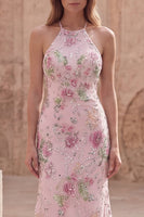 Load image into Gallery viewer, Mermaid Long Sparkly Sequin Pink Floral Prom Dress