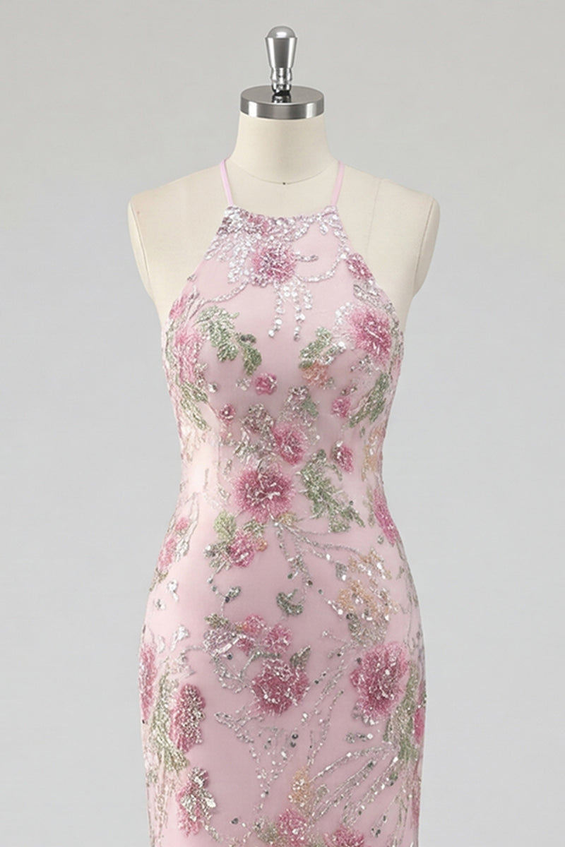 Load image into Gallery viewer, Mermaid Long Sparkly Sequin Pink Floral Prom Dress