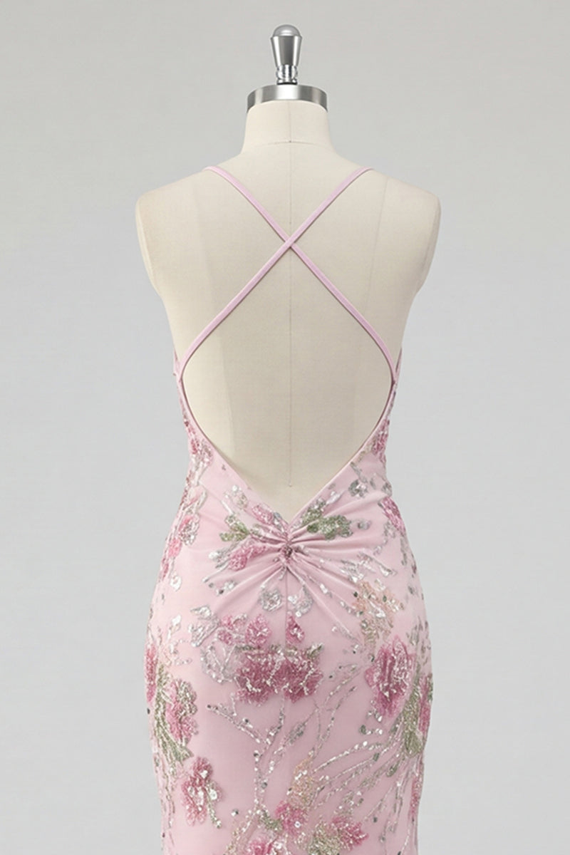 Load image into Gallery viewer, Mermaid Long Sparkly Sequin Pink Floral Prom Dress