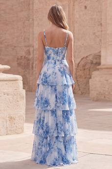White Blue Flower Corset A Line Long Prom Dress with Ruffles