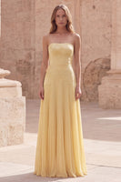 Load image into Gallery viewer, Strapless Appliqued Yellow A Line Long Prom Dress with Pleats