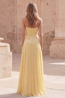 Load image into Gallery viewer, Strapless Appliqued Yellow A Line Long Prom Dress with Pleats