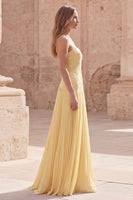 Load image into Gallery viewer, Strapless Appliqued Yellow A Line Long Prom Dress with Pleats