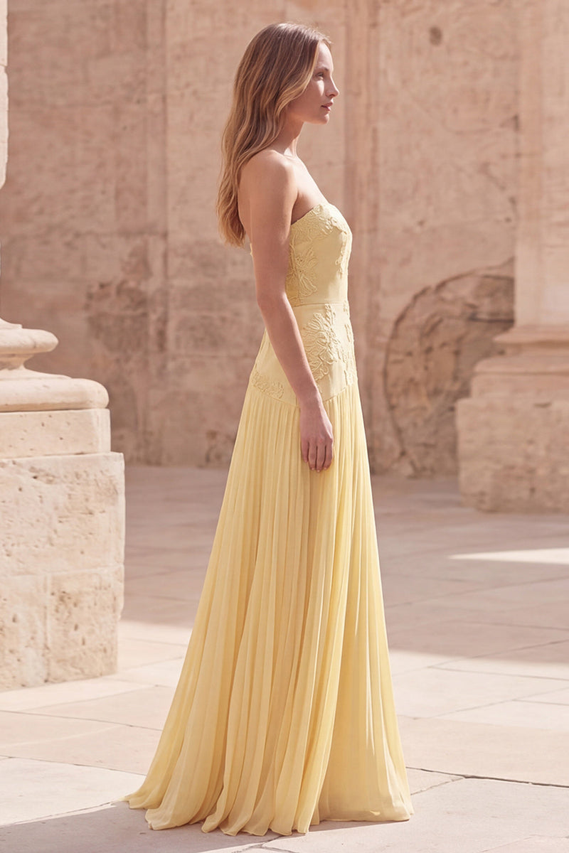 Load image into Gallery viewer, Strapless Appliqued Yellow A Line Long Prom Dress with Pleats