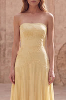 Load image into Gallery viewer, Strapless Appliqued Yellow A Line Long Prom Dress with Pleats