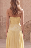 Load image into Gallery viewer, Strapless Appliqued Yellow A Line Long Prom Dress with Pleats