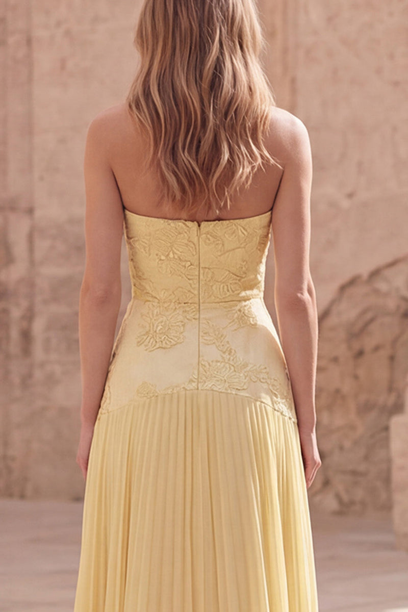 Load image into Gallery viewer, Strapless Appliqued Yellow A Line Long Prom Dress with Pleats