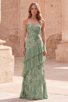 Load image into Gallery viewer, Sage Green A Line Appliqued Long Prom Dress with Ruffles