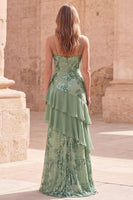 Load image into Gallery viewer, Sage Green A Line Appliqued Long Prom Dress with Ruffles