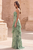 Load image into Gallery viewer, Sage Green A Line Appliqued Long Prom Dress with Ruffles