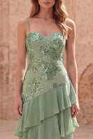 Load image into Gallery viewer, Sage Green A Line Appliqued Long Prom Dress with Ruffles