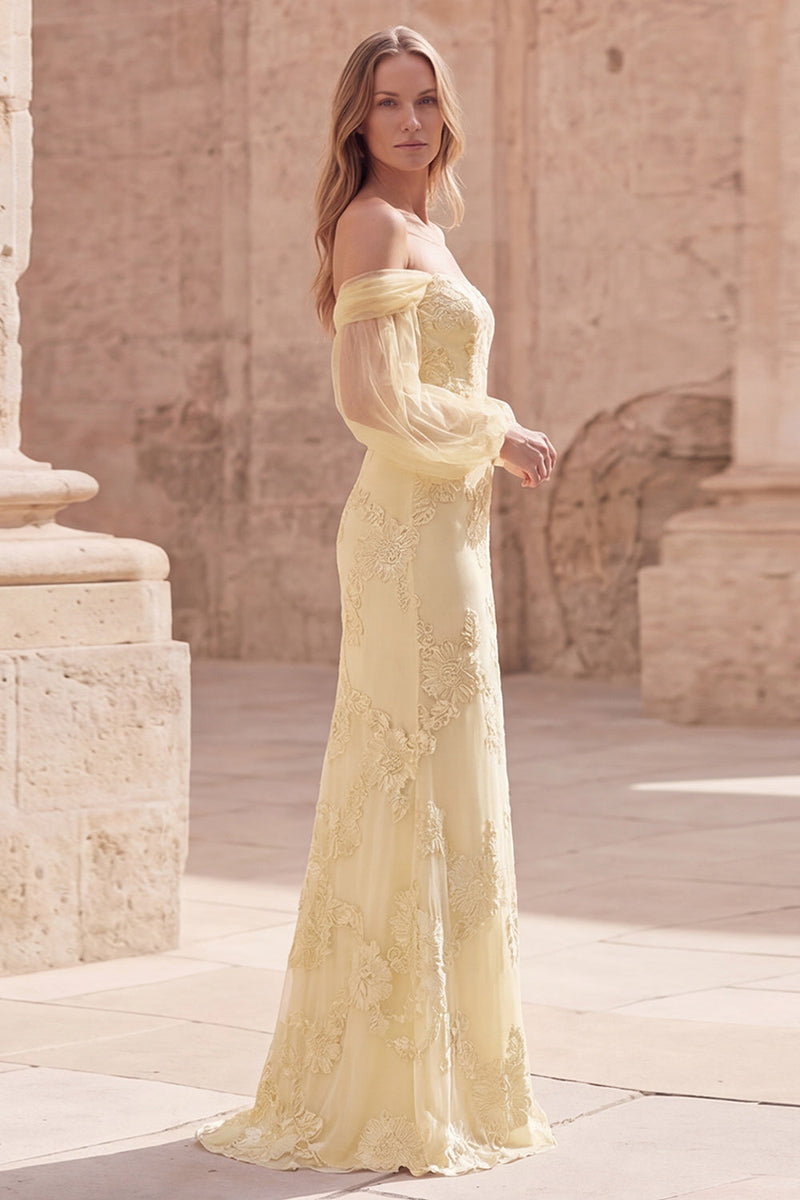 Load image into Gallery viewer, Mermaid Yellow Off the Shoulder Appliqued Long Prom Dress