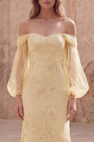 Load image into Gallery viewer, Mermaid Yellow Off the Shoulder Appliqued Long Prom Dress