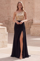 Load image into Gallery viewer, A Line Sparkly Sequin Gold and Black Long Prom Dress with Slit