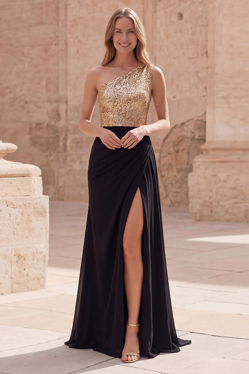 Load image into Gallery viewer, A Line Sparkly Sequin Gold and Black Long Prom Dress with Slit