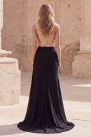 Load image into Gallery viewer, A Line Sparkly Sequin Gold and Black Long Prom Dress with Slit