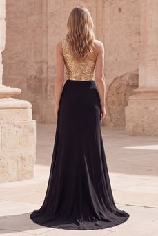A Line Sparkly Sequin Gold and Black Long Prom Dress with Slit