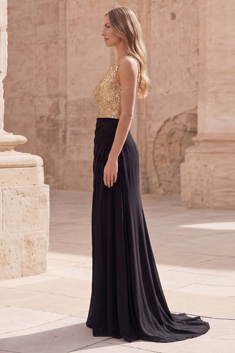 Load image into Gallery viewer, A Line Sparkly Sequin Gold and Black Long Prom Dress with Slit