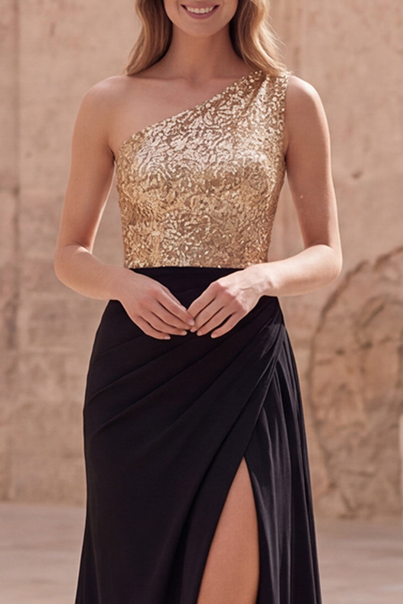 Load image into Gallery viewer, A Line Sparkly Sequin Gold and Black Long Prom Dress with Slit