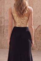 Load image into Gallery viewer, A Line Sparkly Sequin Gold and Black Long Prom Dress with Slit