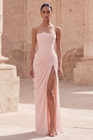 Load image into Gallery viewer, Light Pink Ruched Sheath Long Prom Dress with Slit