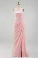 Load image into Gallery viewer, Light Pink Ruched Sheath Long Prom Dress with Slit