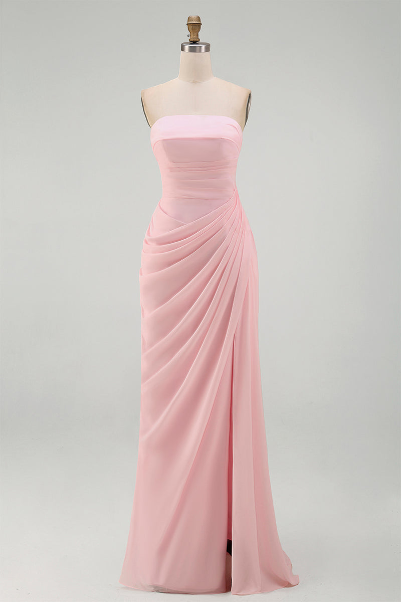 Load image into Gallery viewer, Light Pink Ruched Sheath Long Prom Dress with Slit