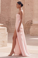 Load image into Gallery viewer, Light Pink Ruched Sheath Long Prom Dress with Slit