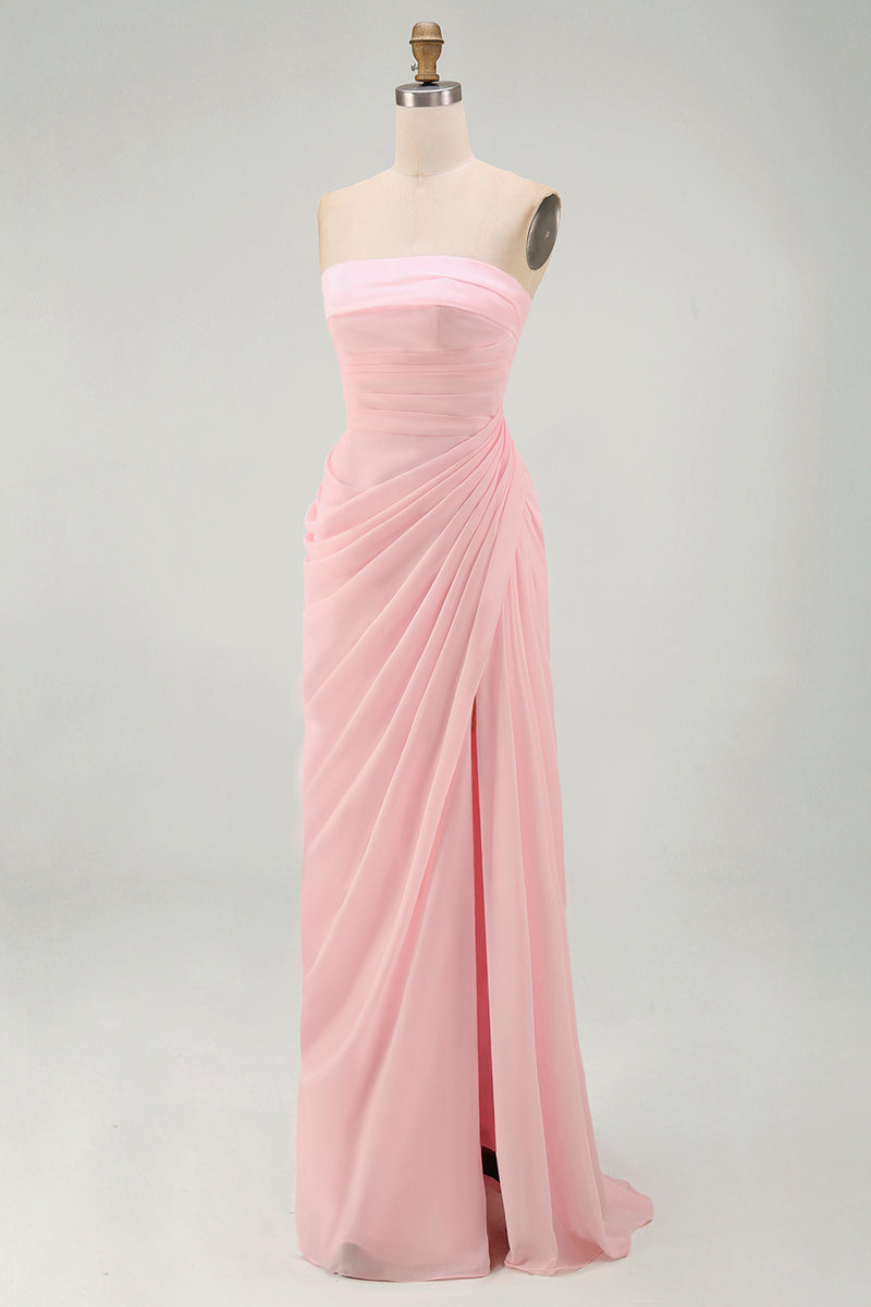 Load image into Gallery viewer, Light Pink Ruched Sheath Long Prom Dress with Slit