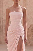 Load image into Gallery viewer, Light Pink Ruched Sheath Long Prom Dress with Slit