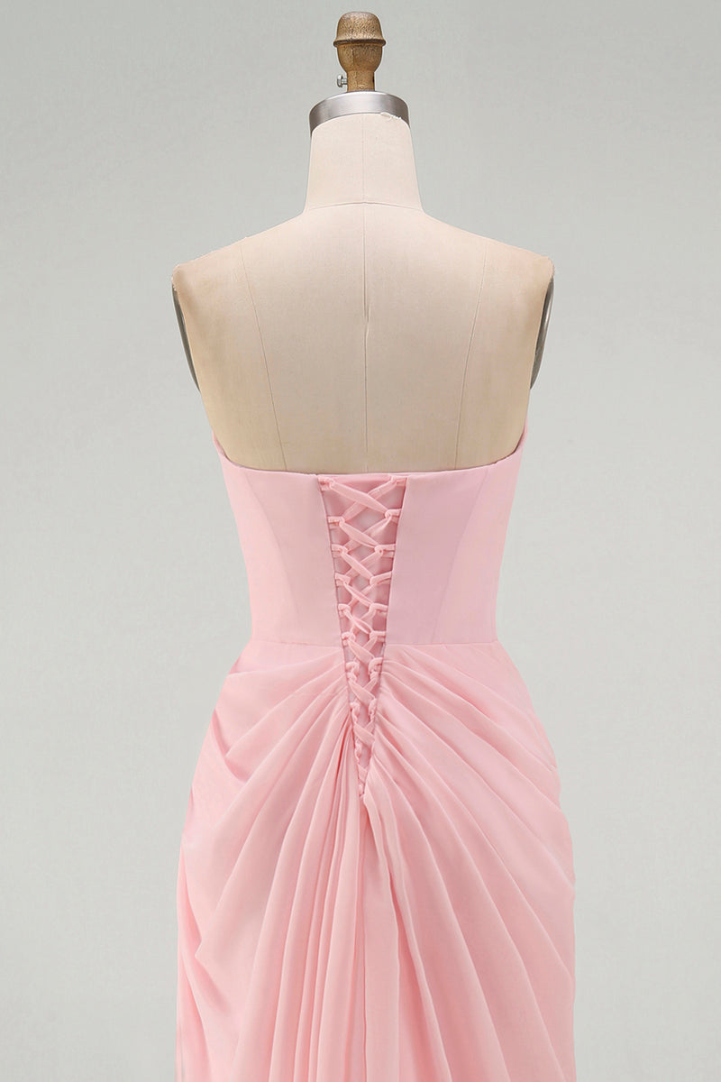 Load image into Gallery viewer, Light Pink Ruched Sheath Long Prom Dress with Slit